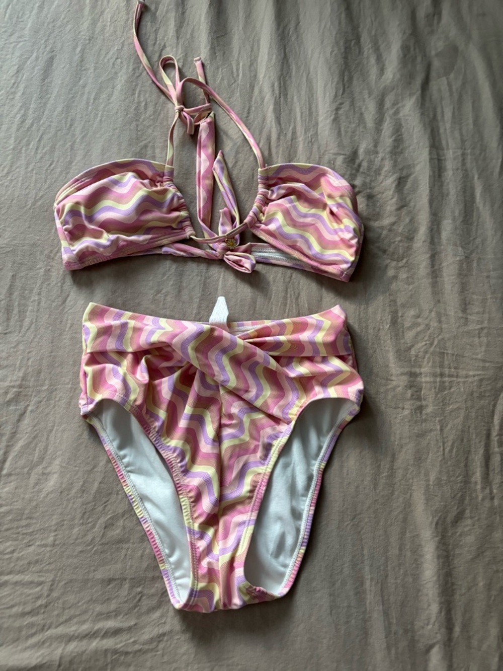 Ninety Pastel Stripe Bandeau Bikini Set in Pink, Lavender & Yellow